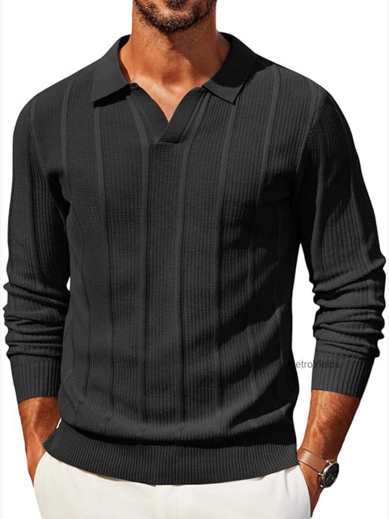 Knit Long Sleeve Polo Shirt Casual Collared Sweater V-Neck Textured Pullover